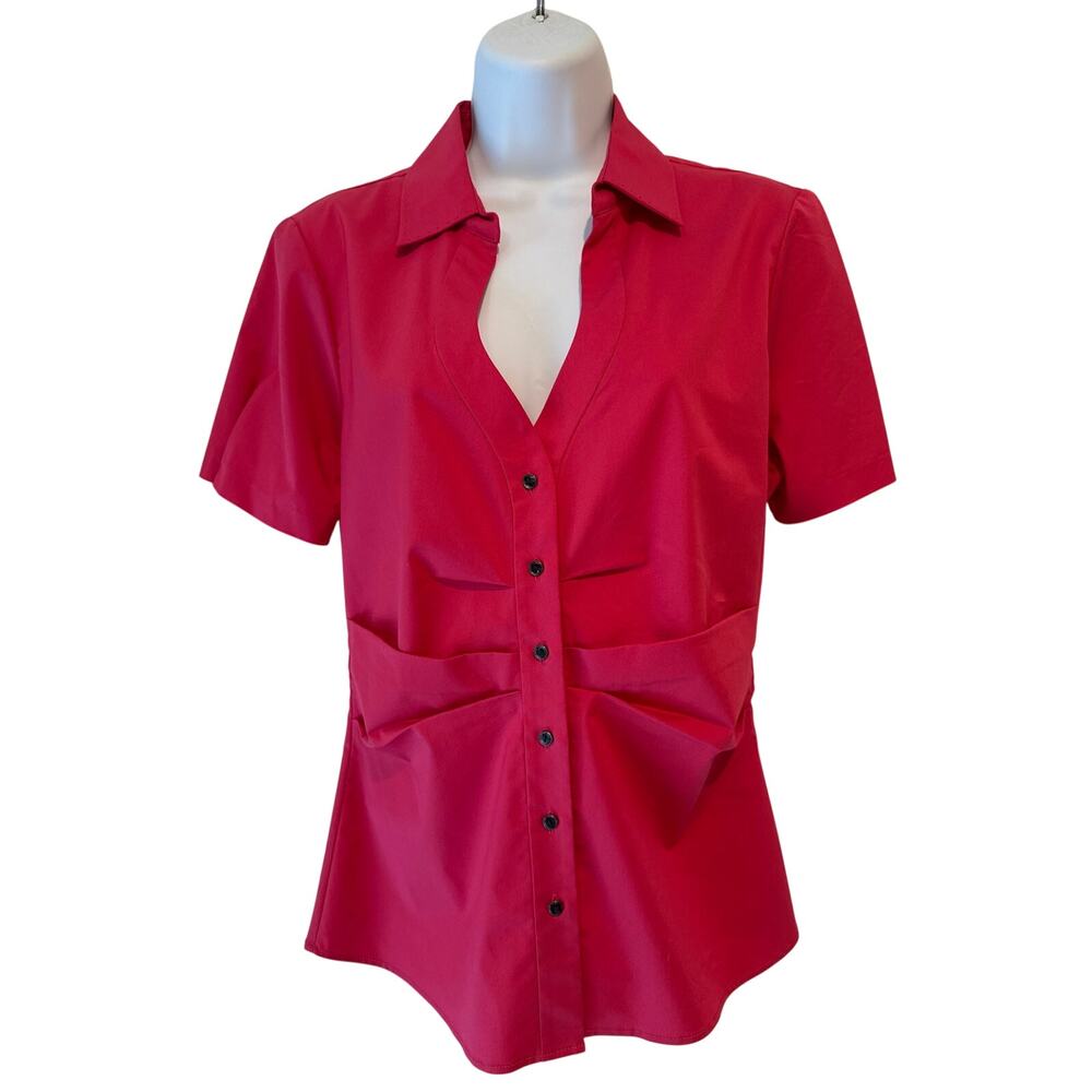 NWT $198 Elie Tahari Shellie Short Sleeve “Moroccan Red” Ruched Shirt M